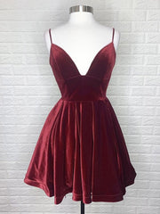 Elegant V-Neck Backless Burgundy Velvet Short Prom Dress, Formal Graduation Homecoming