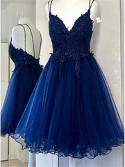 Elegant V-Neck Backless Navy Blue Lace Prom and Homecoming Evening Dress