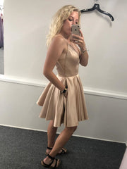 Elegant V-Neck Champagne Satin Short Prom Dress with Pockets for Homecoming