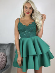 Elegant V-Neck Layered Green Lace Short Prom Dress for Graduation & Homecoming