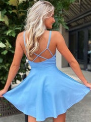 V Neck Open Back Short Blue Prom Dresses Backless Blue Homecoming
