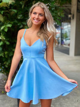 V Neck Open Back Short Blue Prom Dresses Backless Blue Homecoming