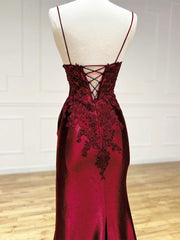 Burgundy V Neck Satin Lace Long Prom Evening Dress