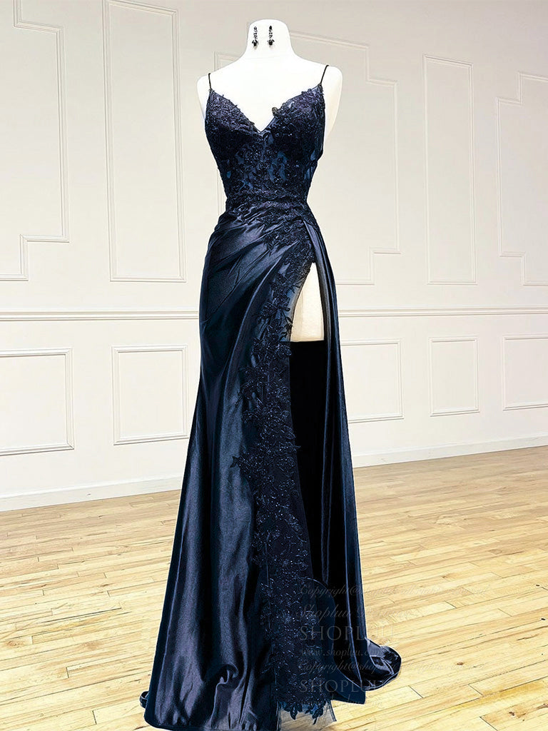 Dark Blue V Neck Satin Lace Long Prom Dress Evening Gowns