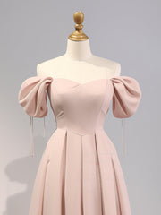 Elegant A-Line Puff Sleeves Pink Satin Long Prom Bridesmaid Dress