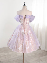 Purple Tulle Lace Off Shoulder Short Prom Dress Homecoming Gown