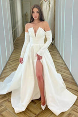 Elegant White Long Sleeve V-Neck A-Line Prom Dress with High Split