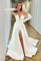 Elegant White Long Sleeve V-Neck A-Line Prom Dress with High Split