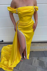 Yellow Off-Shoulder Mermaid Prom Dress with Beaded High Split