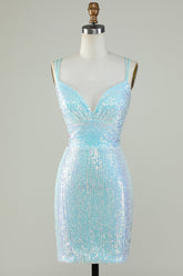 Light Blue Sequin Spaghetti Strap Homecoming Dress Short Sheath Crisscross Back