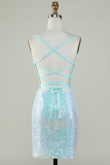 Light Blue Sequin Spaghetti Strap Homecoming Dress Short Sheath Crisscross Back
