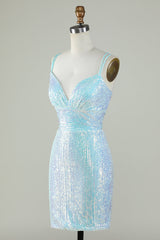 Light Blue Sequin Spaghetti Strap Homecoming Dress Short Sheath Crisscross Back