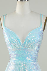 Light Blue Sequin Spaghetti Strap Homecoming Dress Short Sheath Crisscross Back
