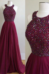 Maroon Prom Dress Fancy Beading Halter A Line Chiffon Party Prom Dress 201707206-Dolly Gown