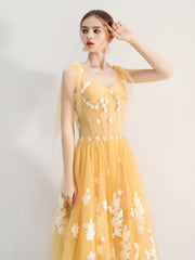 Illusion Yellow Calf Length Fairytale Homecoming Dress Prom Dress - DollyGown