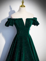 Classic Off the Shoulder Emerald Green Velvet Prom Dress Graduation Dress - DollyGown