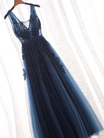 Glamorous Navy Blue Lace Tulle V Neck See Through Prom Dress #110507-Dolly Gown