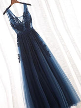 Glamorous Navy Blue Lace Tulle V Neck See Through Prom Dress #110507-Dolly Gown
