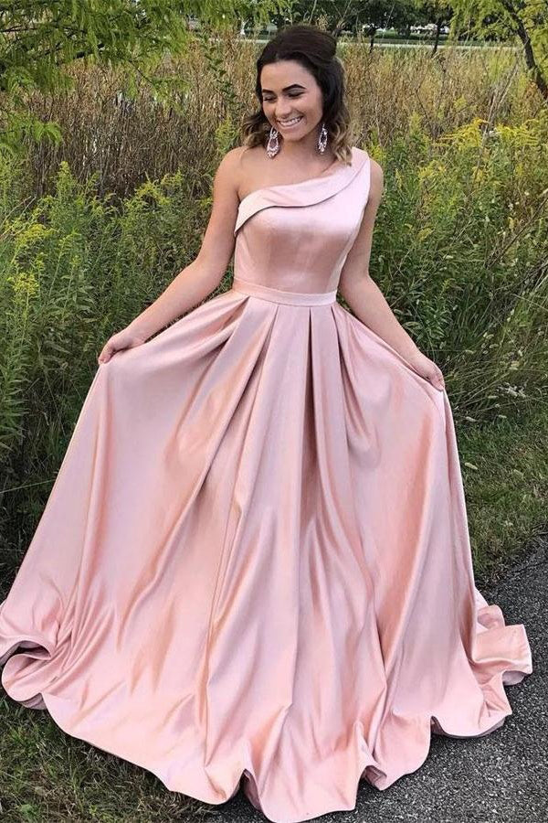 Simple Elegant One Shoulder Pink Prom Dress with Pockets #110508