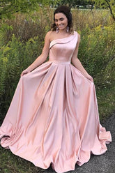 Simple Elegant One Shoulder Pink Prom Dress with Pockets #110508