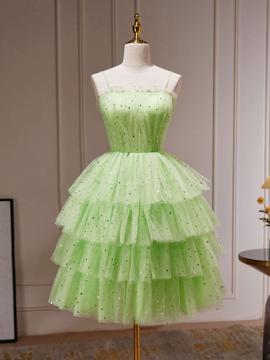 Green Spaghetti Strap Tiered Juniors Homecoming Dress 8th Grade Dance Dress - DollyGown