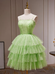 Green Spaghetti Strap Tiered Juniors Homecoming Dress 8th Grade Dance Dress - DollyGown