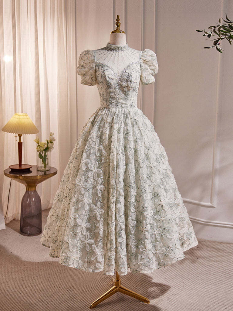 Modest 3D Flora Material Calf Length Prom Dress with Short Sleeves Modest 3D Flora Material Calf Length Prom Dress with Short Sleeves