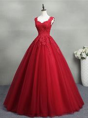 Red Queen Anne Lace Top Backless Ball Gown Prom Dress - DollyGown