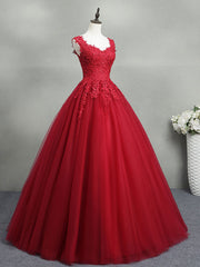 Red Queen Anne Lace Top Backless Ball Gown Prom Dress - DollyGown