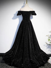 Simple Black Velvet Off the Shoulder Formal Dress - DollyGown