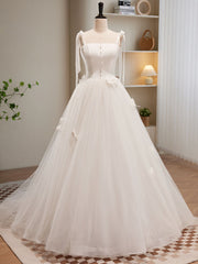 Sweet Sweep Train Long Wedding Dress Trimmed with Buttons Center - DollyGown
