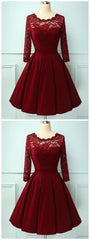 1950s Burgundy Lace Short Prom Dress with Sleeves,21121308 - DollyGown