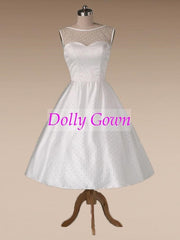 1950s Polka Dotted Vintage Wedding Dress Tea Length with Satin Binding,Pin Up 50s Style Short Wedding Dress,DO021 - DollyGown