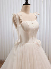 Sweet Sweep Train Long Wedding Dress Trimmed with Buttons Center - DollyGown