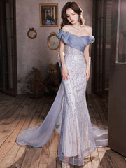 Dusty Blue Fishtailk Fitted Off The Shoulder Occasion Dress Prom Dress - DollyGown