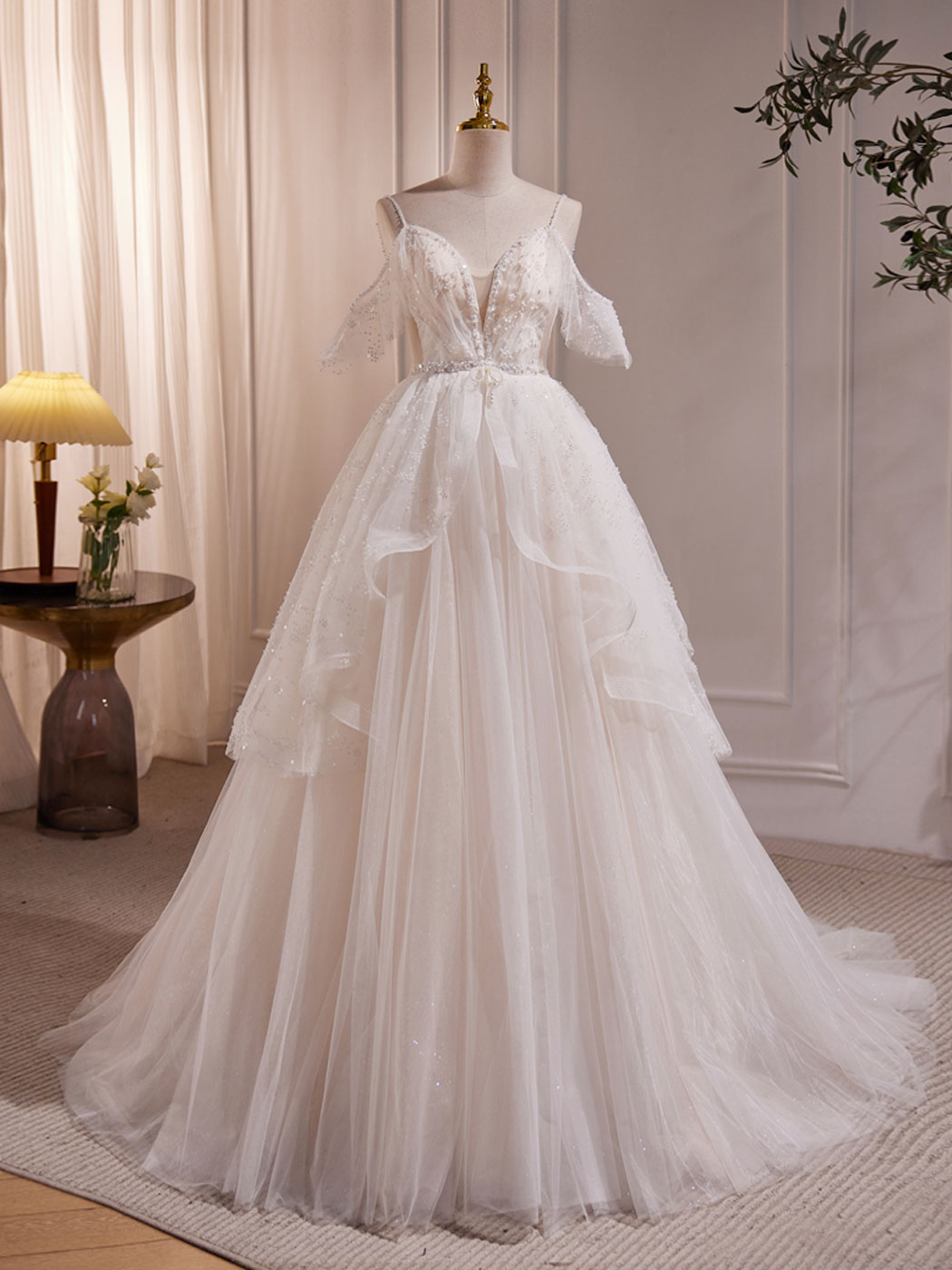 Sweet Spaghetti Strap Off Shoulders Tulle Bead Ball Gown Sheer Wedding Dress - DollyGown