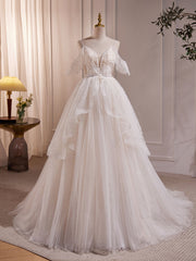 Sweet Spaghetti Strap Off Shoulders Tulle Bead Ball Gown Sheer Wedding Dress - DollyGown