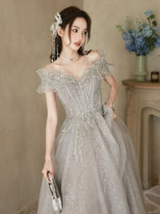 Sparkly Silver Grey A-line Maxi Off The Shoulder Prom Dress - DollyGown
