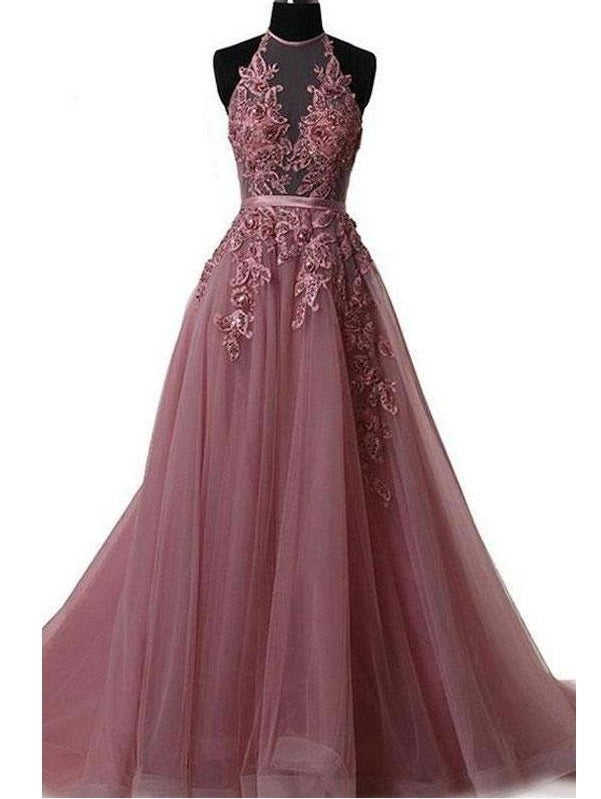 2019 Long Sweep Train Halter Dazzling Top Tulle Modest Prom Dress, GDC1160 - DollyGown