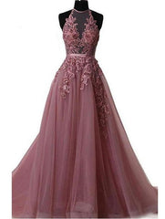 2019 Long Sweep Train Halter Dazzling Top Tulle Modest Prom Dress, GDC1160 - DollyGown