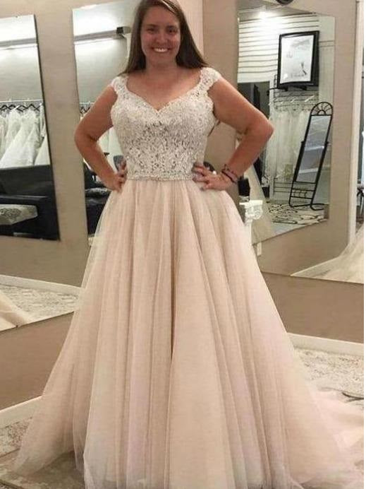 2019 Plus Size Cap Sleeves Wedding Dress with Delicate Lace Beading Top ,GDC1137-Dolly Gown