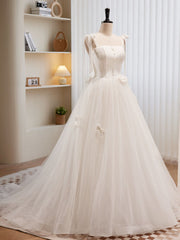 Sweet Sweep Train Long Wedding Dress Trimmed with Buttons Center - DollyGown
