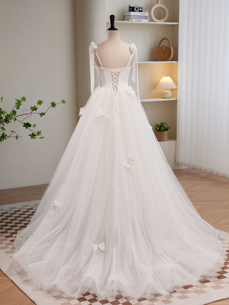 Sweet Sweep Train Long Wedding Dress Trimmed with Buttons Center - DollyGown