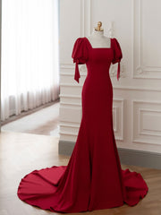 Red Square Neck Mermaid Eevening Dress Prom Dress with Short Sleeves - DollyGown