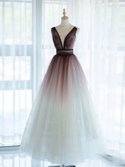 Plunge V Neck Tulle Romantic Formal Dress Ombre Prom Dress - DollyGown
