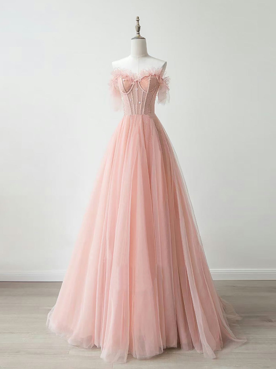 Peach Pink Strapless Tulle See Through Sheer Prom Dress - DollyGown