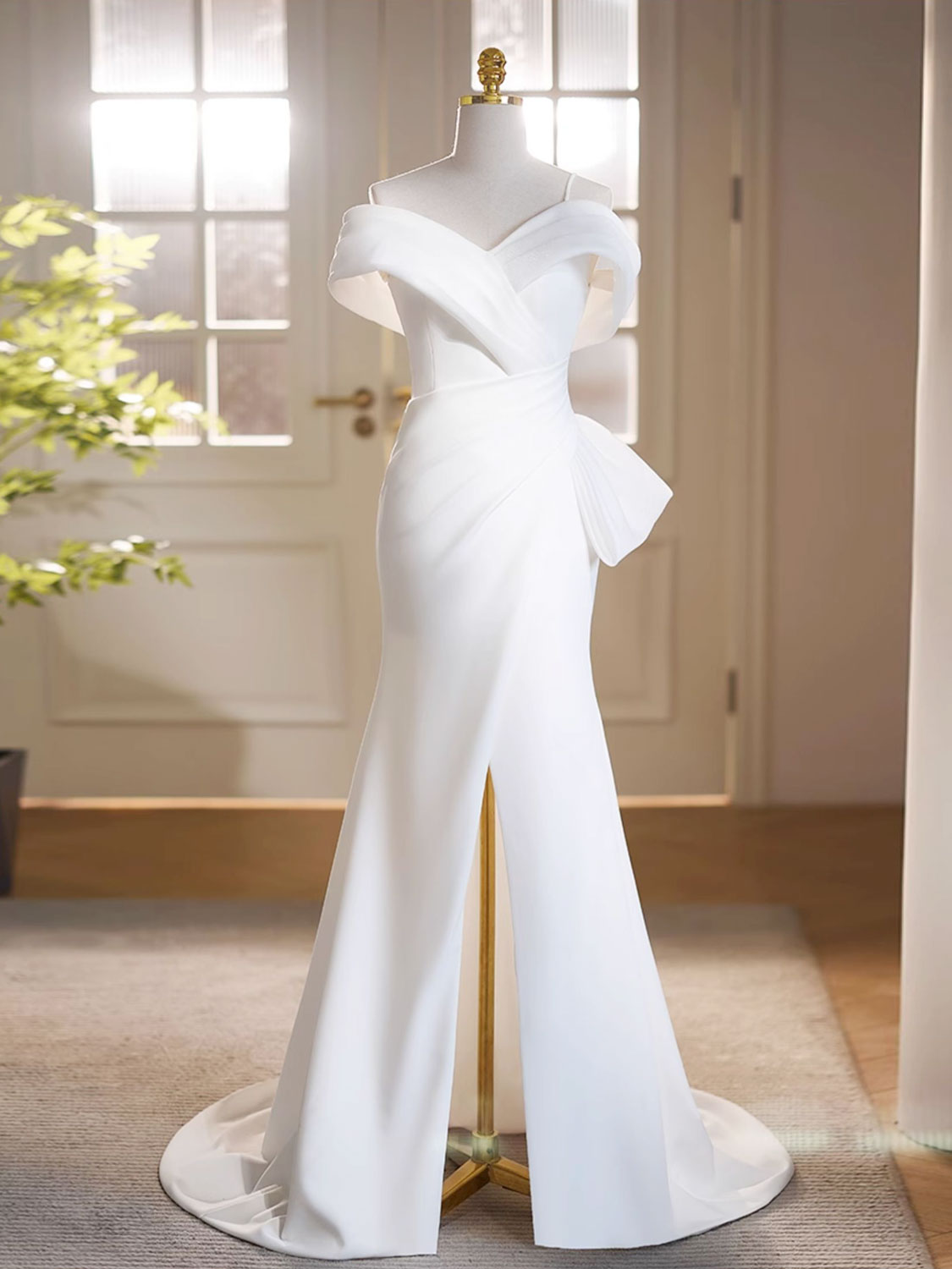 White Off Shoulder Satin Long Evening Dress, White Formal Dress with Slit - DollyGown