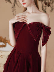 Classy Off The Shoulder Burgundy Velvet Prom Dress - DollyGown