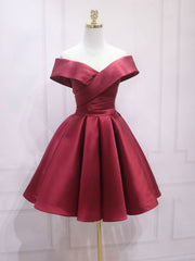 Simple Satin Off The Shoulder Burgundy Short Party Dress Formal Dress - DollyGown