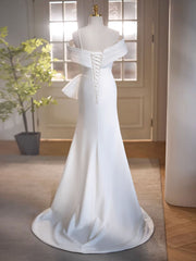 White Off Shoulder Satin Long Evening Dress, White Formal Dress with Slit - DollyGown